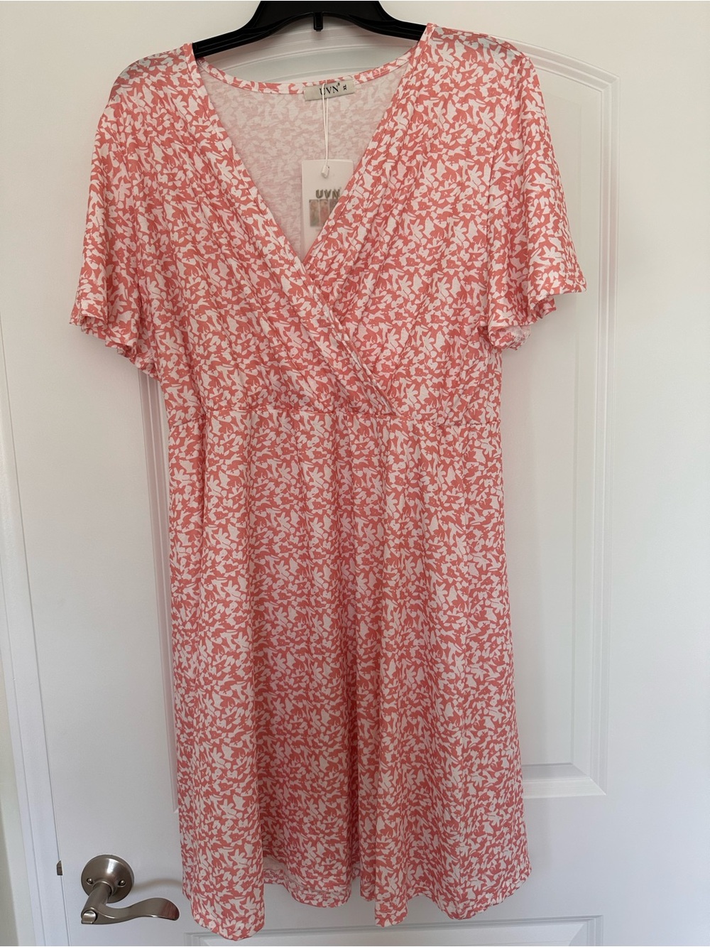 UVN Coral White Floral V-neck fall Dress midi length